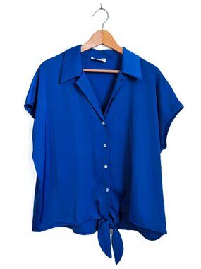Rachel Zoe Blue Faux Satin Tie-Front Blouse Women’s XL (see measurements)